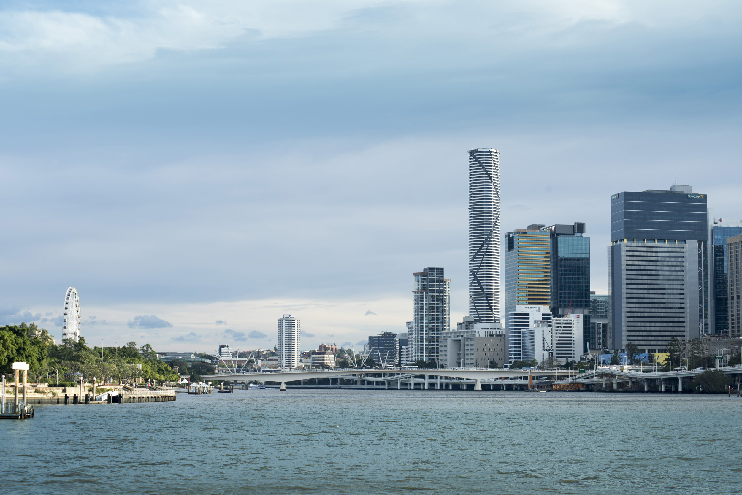 an image of The city CBD and tall skyscrapers on the banks of the Brisbane river in Australia.