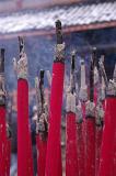 Close up Burning Red Aromatic Traditional Incense Sticks at Chinese Temple
