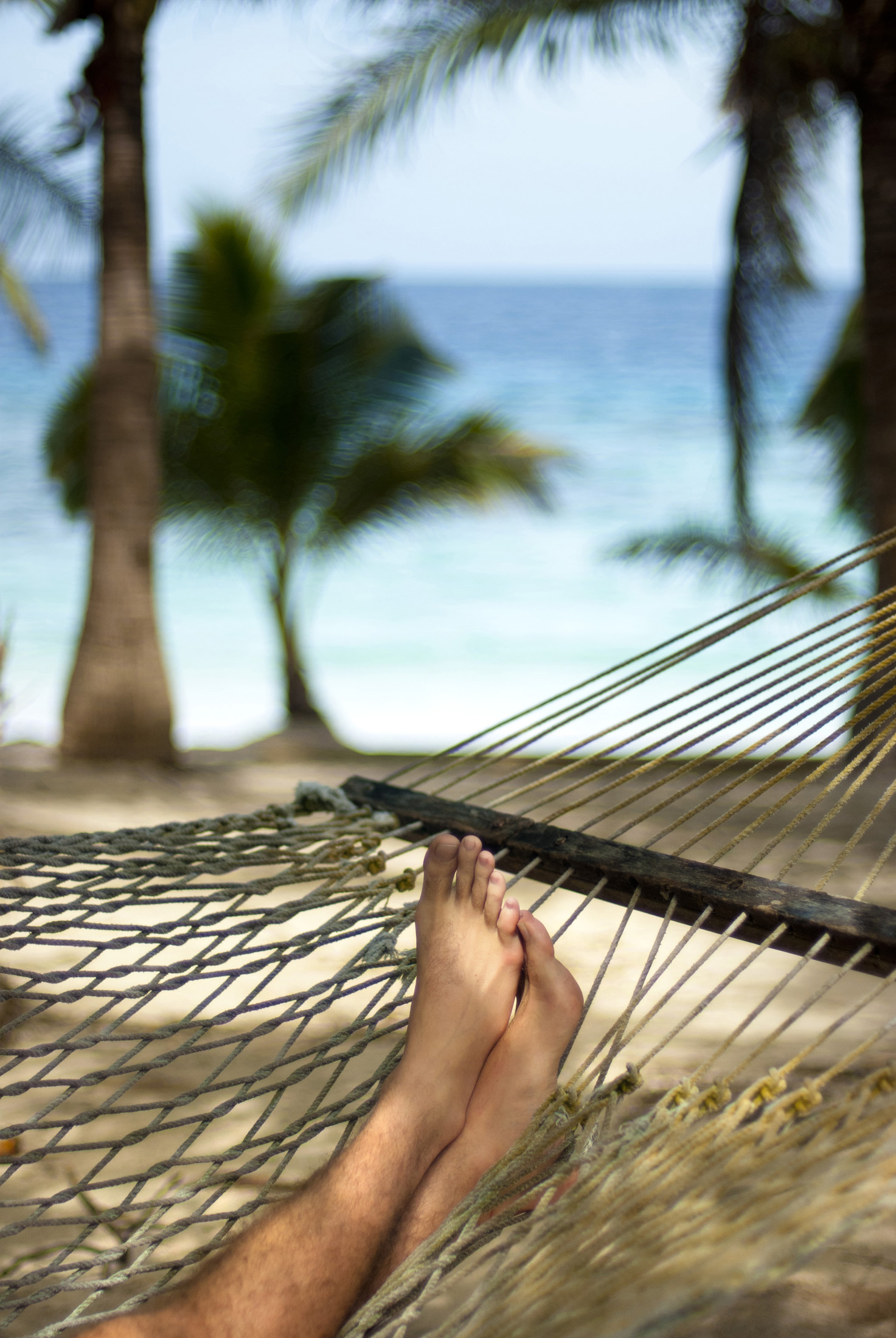 an image of Cropped view image of male feet relaxing in a hammock overlooking a tropical beach with palm trees, shallow dof