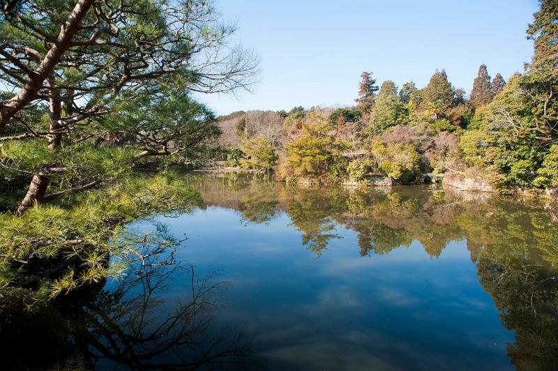 Reflecton on a blue sky in the Kyoyochi Pond at RyoÂan-ji Temple, Kyoto, Japan