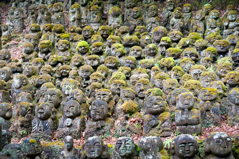 An array of Rakan sculptures at Otagi Nenbutsu-ji temple, Japan