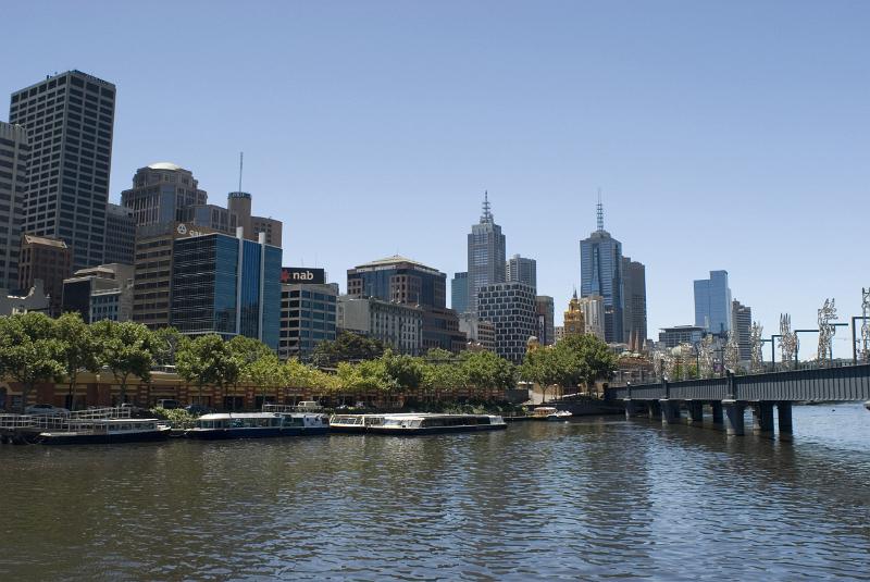 A beautiful, clear, blue sunny day over the Melbourne city CBD and calm Yarra River.