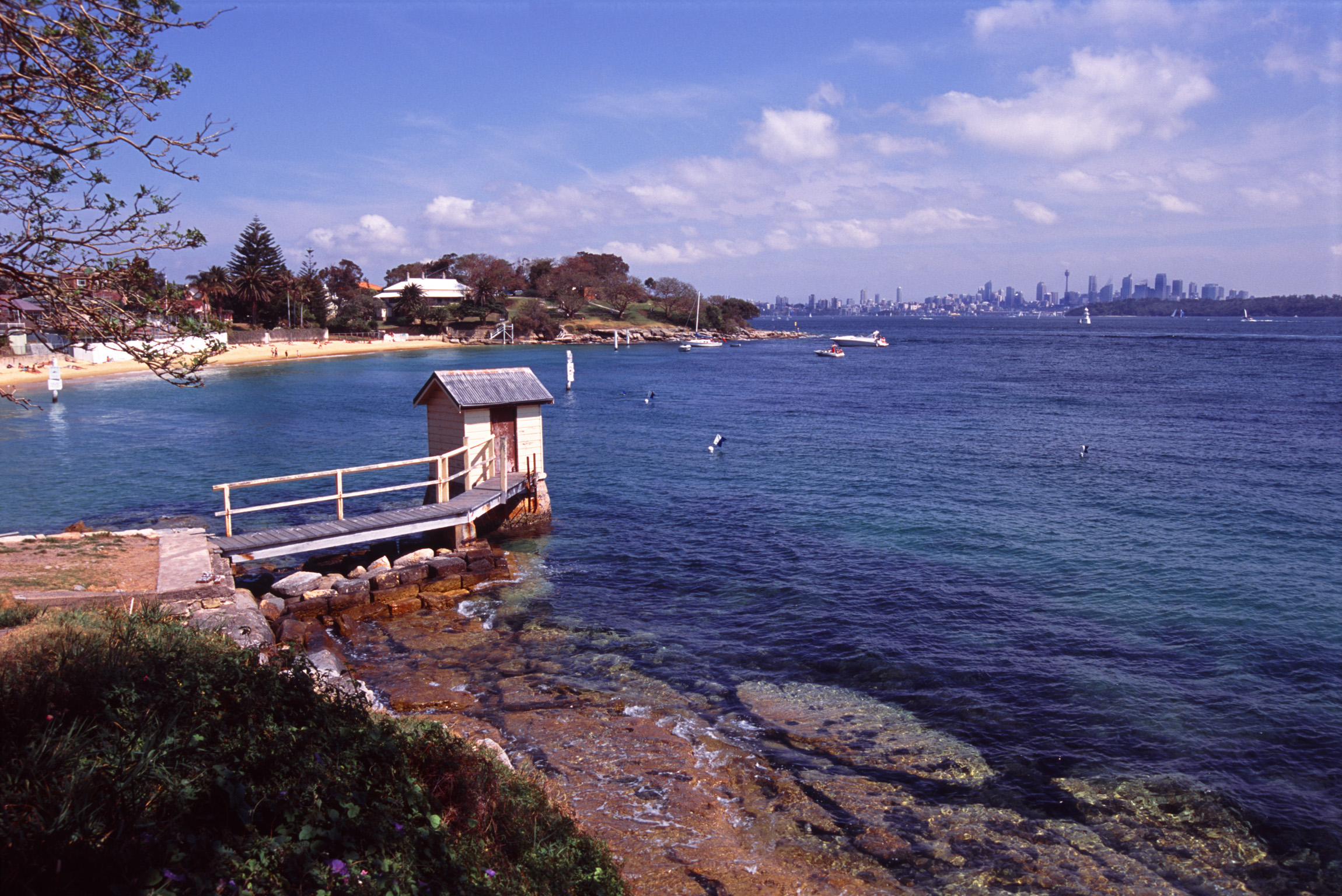 an image of Small Dock at Camp Cove with Sydney Skyline in Distance, Sydney, Australia
