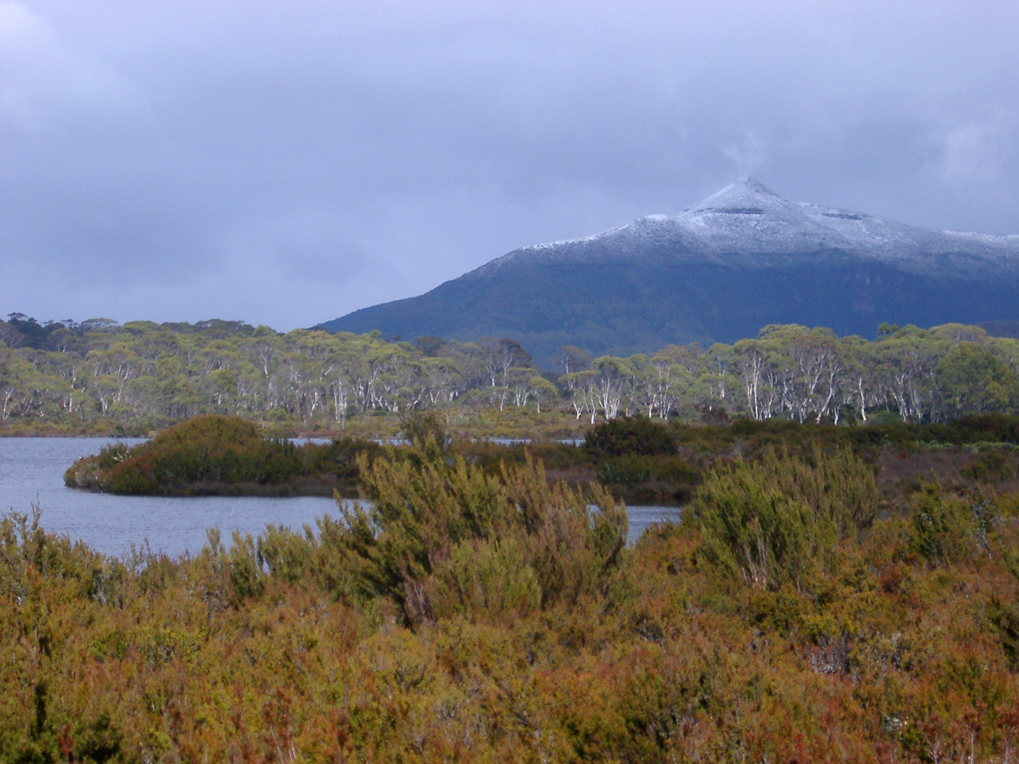 an image of View of Lake and Snow Capped Mountain with Rain Clouds, Tasmania, Australia