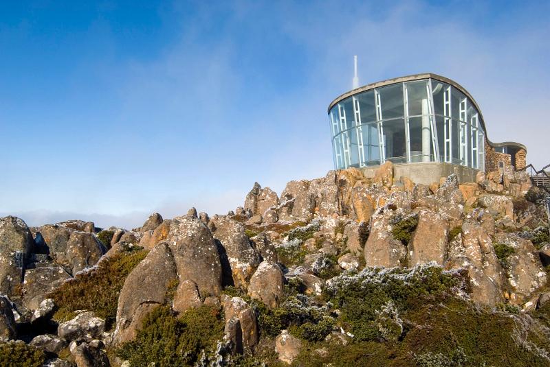 glass viewing shelter on top of mount wellington fends winter winds from visting tourists, hobart, tasmania