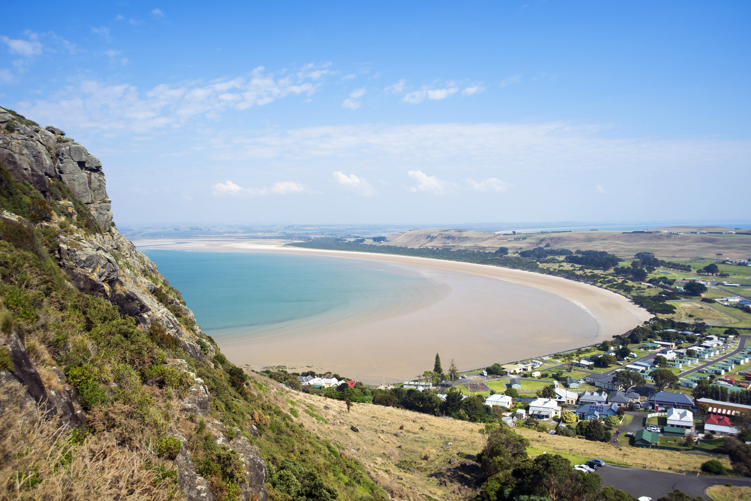 an image of A beautiful panoramic coastline view from a mountain above the town of Stanley in Tasmania, Australia.