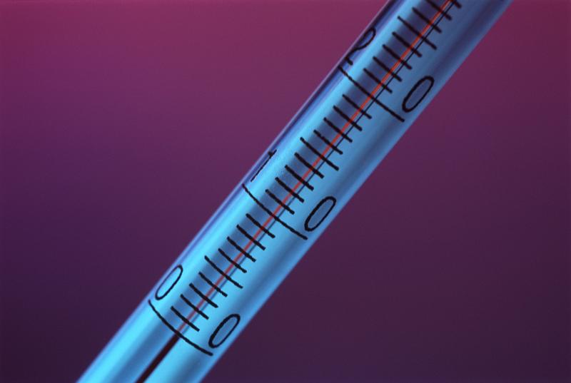 Close up of a thermometer Close up of a thermometer showing the scale on the glass of the tume and the temperature graduations