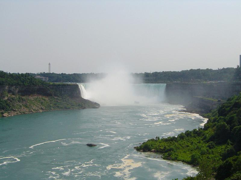 View down the Niagara River of the Horseshoe Falls at the Niagara Falls on the border between Canada and the USA