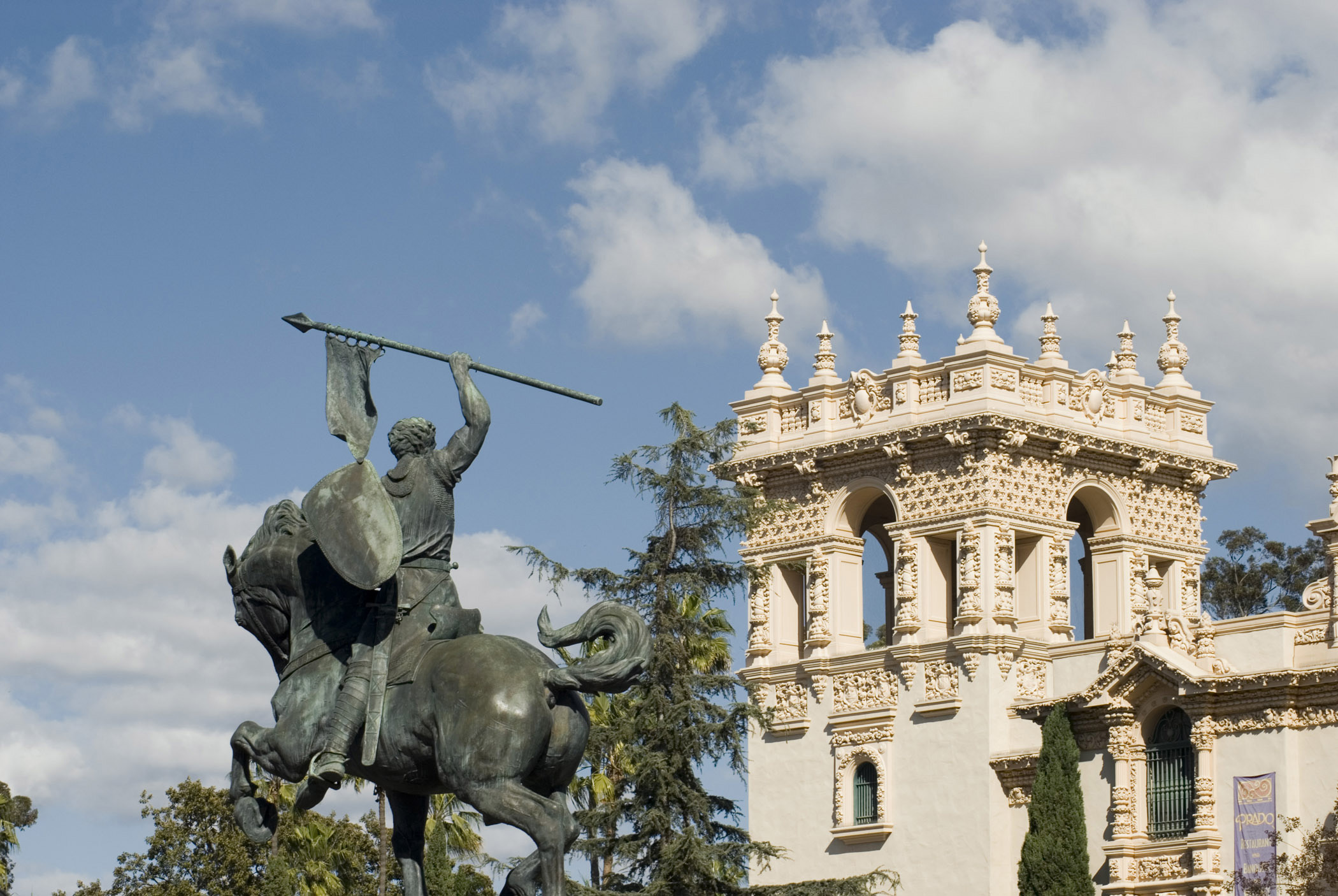 an image of Statue in front of Casa de Balboa on El Prado in Balboa Park, San Diego, California, USA