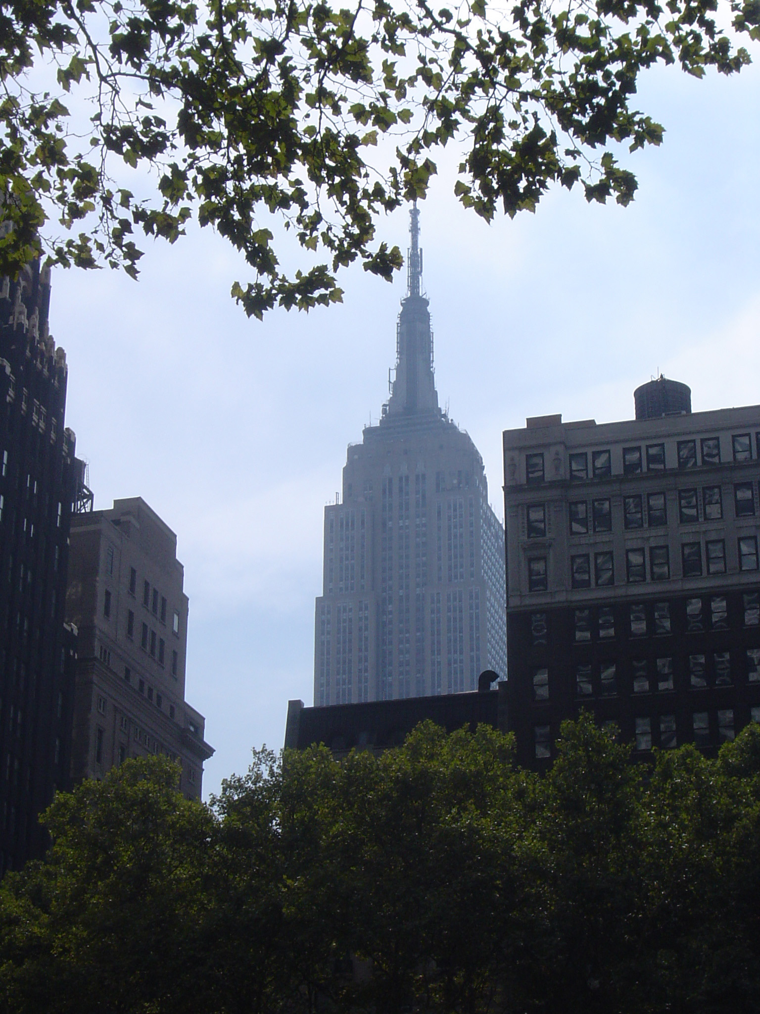 an image of Famous Old Vintage Architectural Empire State Building, Captured with Buildings and Green Trees In Front. Isolated on Sky Blue Background.