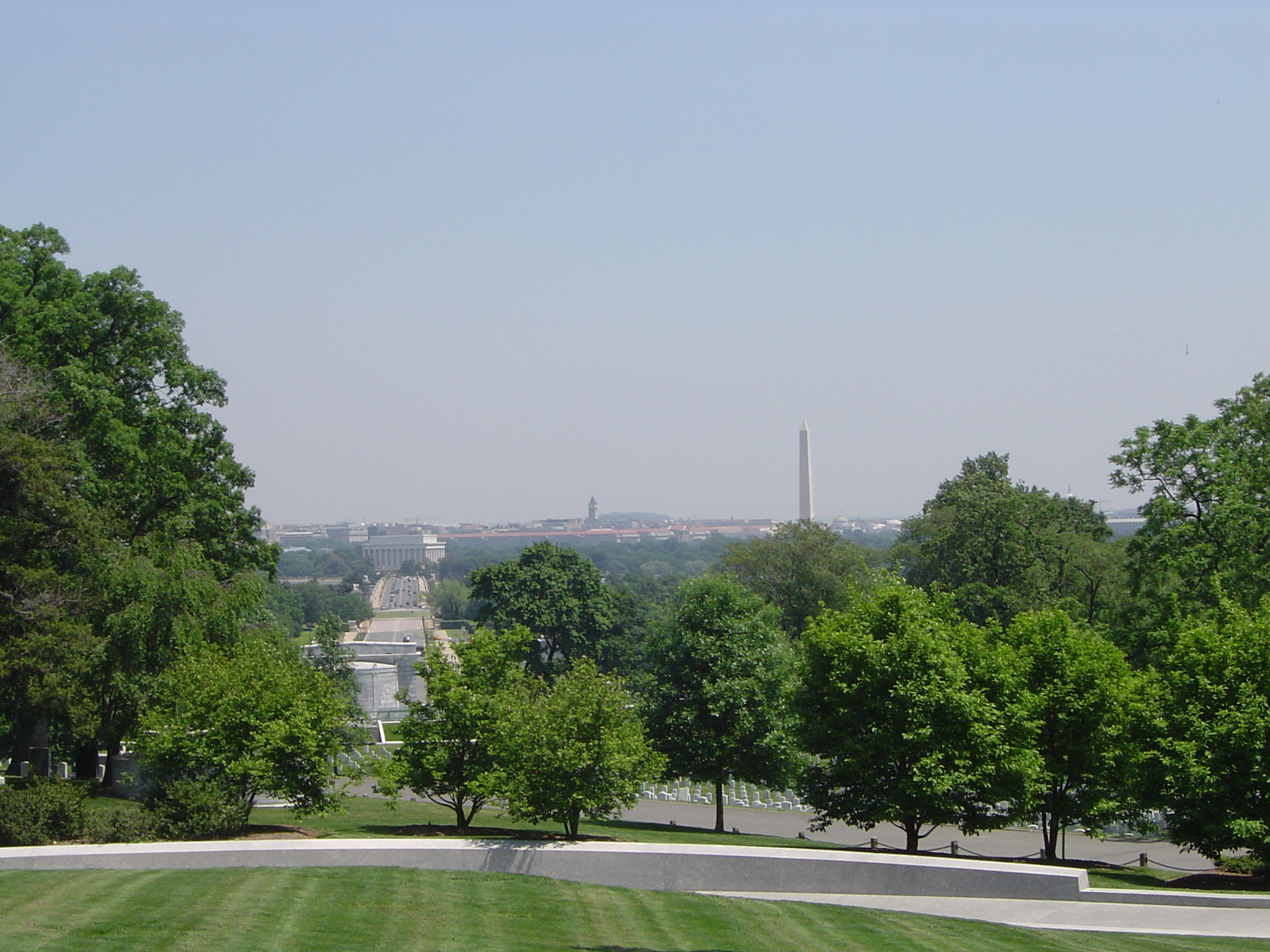 an image of Green Trees lines Landscape at Arlington Graves in Extensive View. Isolated on Light Blue Gray Sky Background.