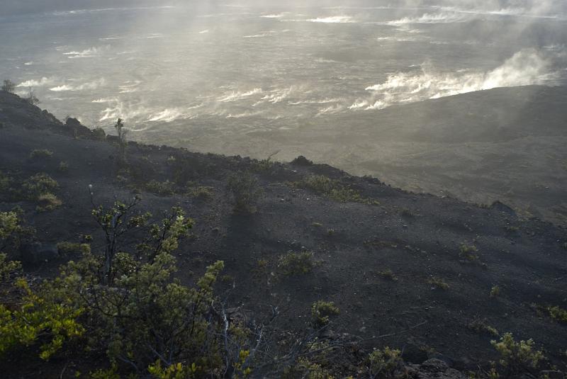 Green Plants and Smoke at Volcanoes National Park in Extensive View.