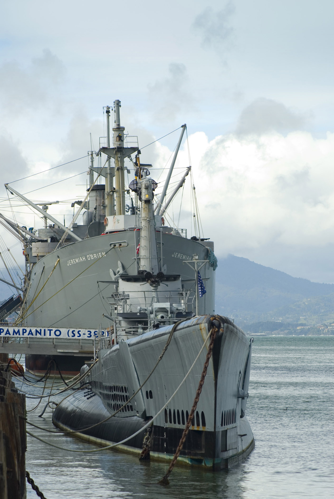 an image of USS Pampanito Submarine, a navy exhibit moored to the dock in the museum of the Maritime National Park in San Francisco