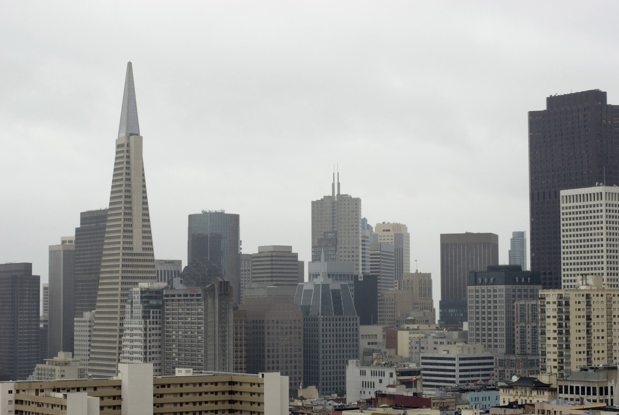 an image of View of downtown San Francisco on a rainy day with the skyscrapers of the CBD and Transamerica Pyramid on the skyline
