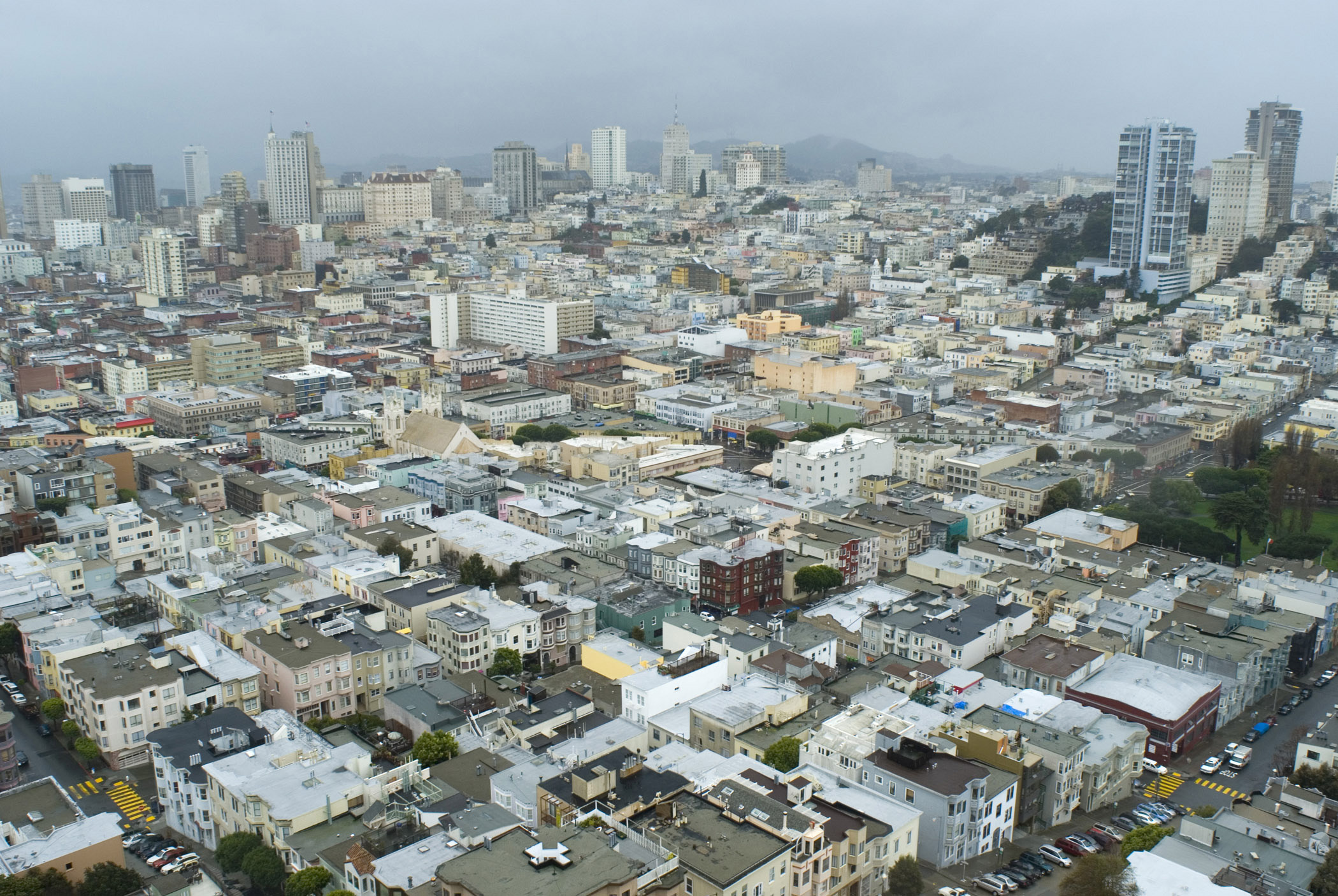 an image of Various Busy City Streets and Buildings in San Francisco. Captured in Aerial Extensive View.
