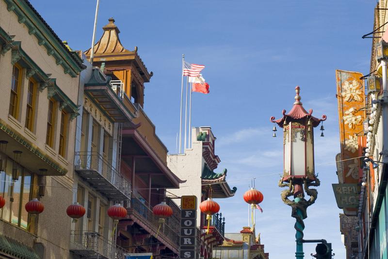Unique Architectural Buildings at China Town on Lighter Blue Sky Background.