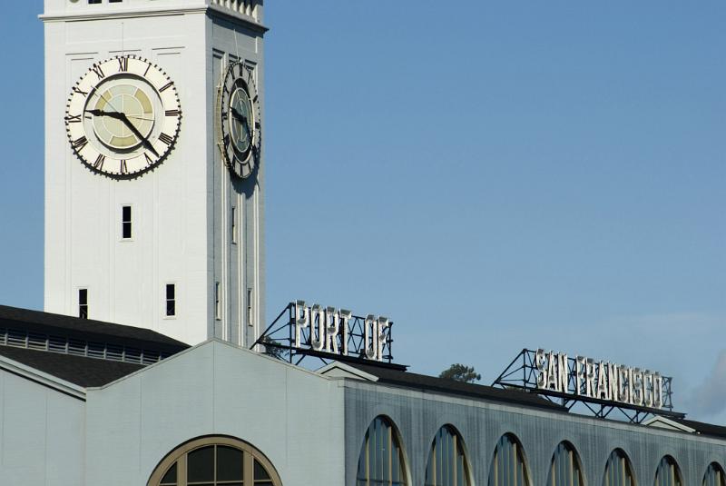 Exterior Wall Clock on Building at Embarcadero San Francisco on Light Blue Sky Background.