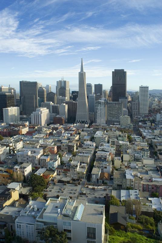 Various Infrastructures at Downtown San Francisco. Many High Rise Condos that Have Sprung up in the Neighborhood Since the Early 2000. Isolated on Light Blue Sky Background.