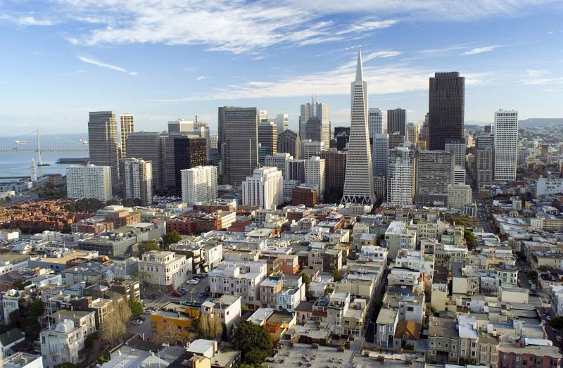 Downtown San Francisco looking across the rooftops to the modern architecture and skyscrapers of the central CBD on the skyline