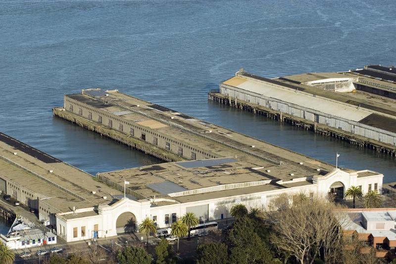 Aerial view of the do historical decommissioned San Francisco Piers and warehouses at the docks