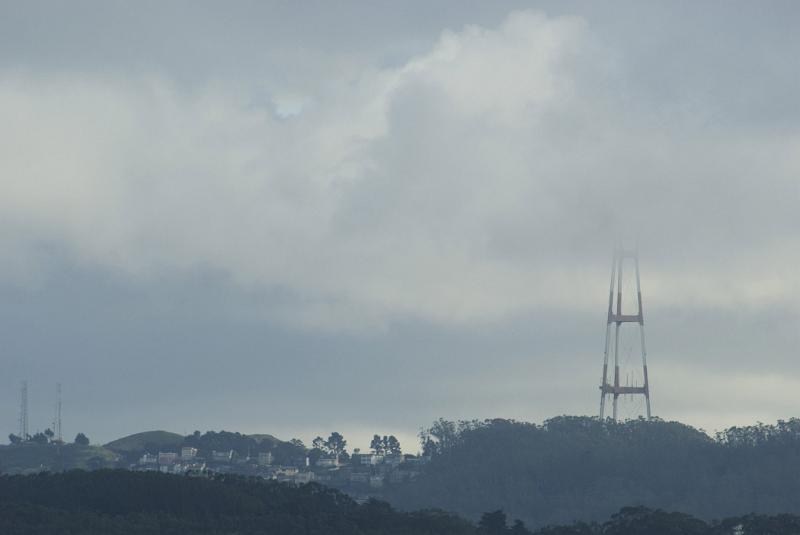 Twin Peaks, two hills with the second highest elevation in the centre of the city in San Francisco in clouds on a rainy day