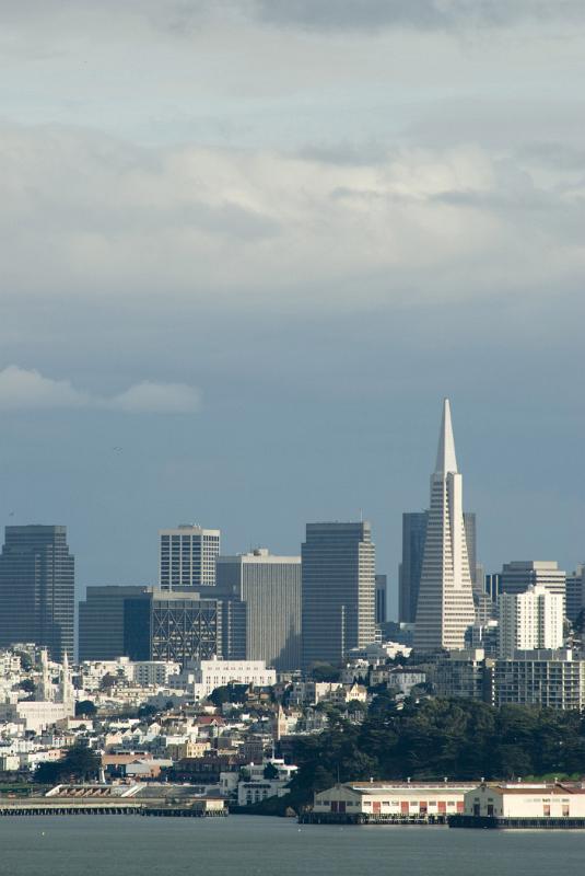Plenty Tall Building Structures at Skyline San Francisco. Isolated on Light Blue Gray Sky Background.