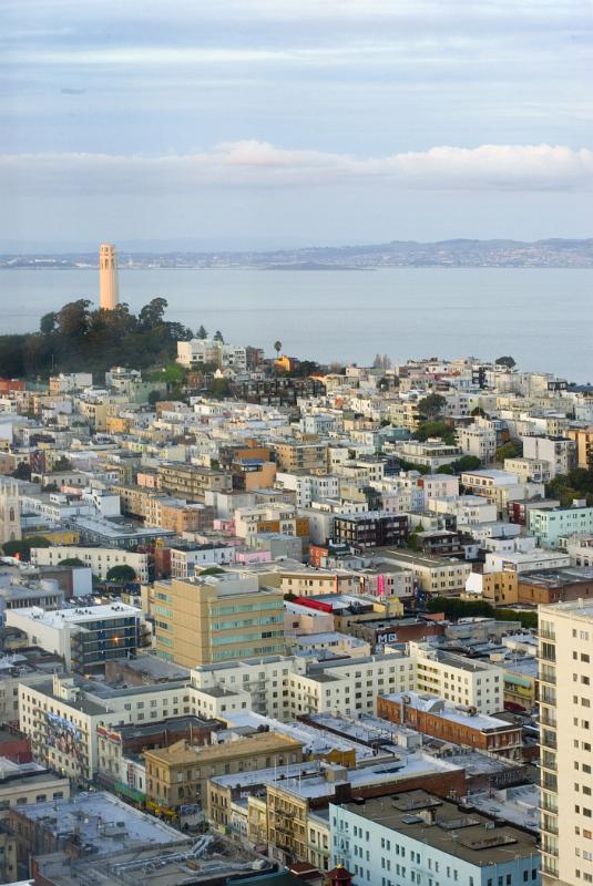Architectural Buildings at Telegraph Hill San Francisco. Captured with Coit Tower Afar on Lighter Blue Gray Sky Background.