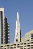 Architectural Tall Vintage Buildings at San Francisco on Blue Gray Sky Background.