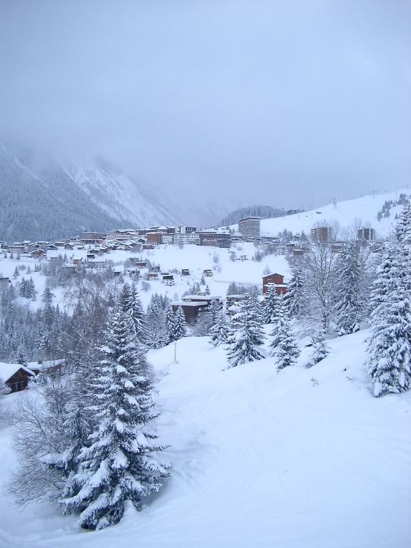 Scenic winter landscape with snow covered fir trees and an alpine village in a high mountain valley